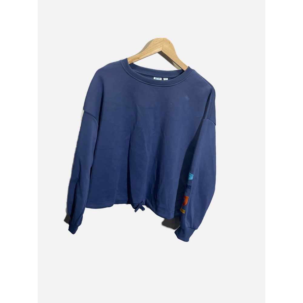 Aldi Gear Womens Blue Crewneck Sweatshirt Rainbow Sleeve Logo Tie Front Medium